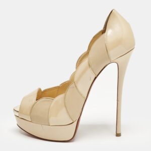 Christian Louboutin Beige/Gold Leather and Patent Leather Torsatoe Peep Toe Pumps Size 38