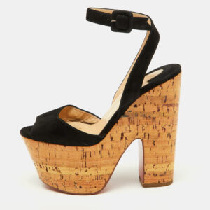 Christian Louboutin Black Suede Super Dombasle Platform Cork Wedge Ankle Strap Sandals Size 36