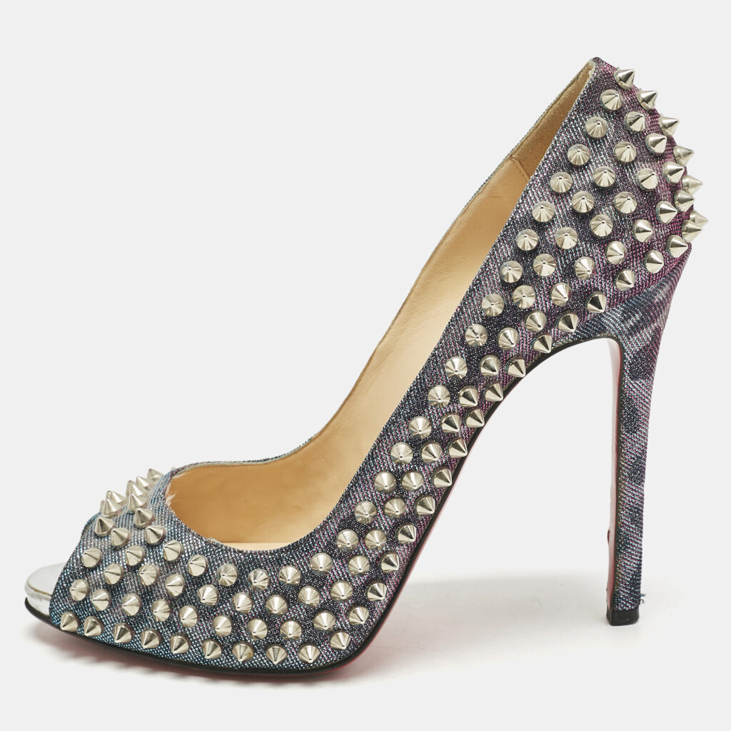 luxury-women-christian-louboutin-used-shoes-p1154627-010 Christian Louboutin Multicolor Metallic Lurex Fabric Yolanda Spikes Peep Toe Pumps Size 38.5