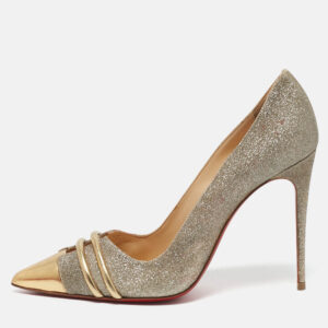 christian louboutin metallic gold glitter and leather front double pumps size 37