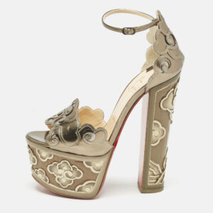 christian louboutin metallic leather laser cut floral overlay houghton platform ankle strap sandals size 37.5