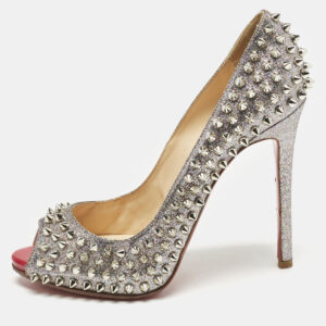 Christian Louboutin Metallic Silver Glitter Yolanda Spike Peep Toe Pumps Size 38.5