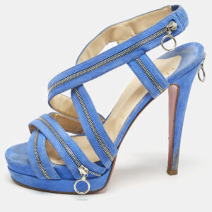 Christian Louboutin Blue Suede Rodita Zipper Detail Platform Sandals Size 38