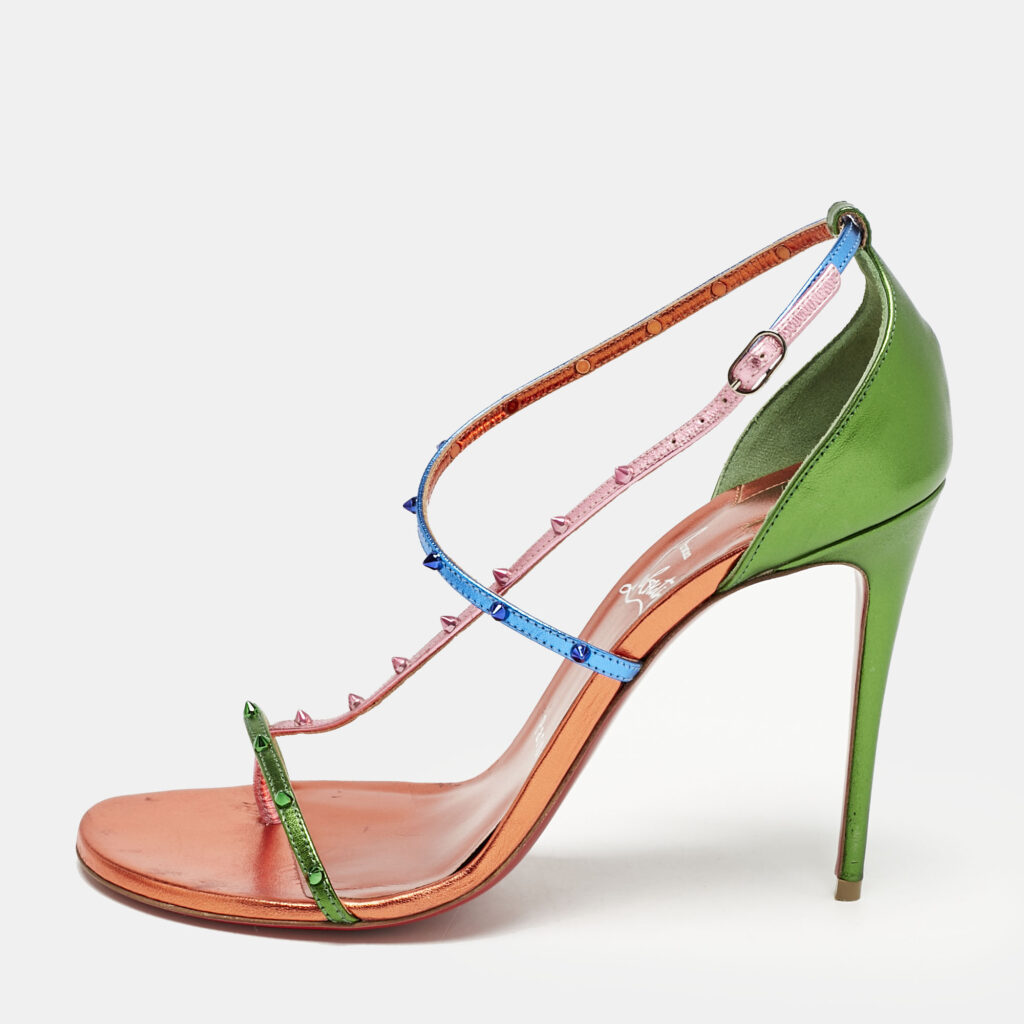 luxury-women-christian-louboutin-used-shoes-p1157823-003 Christian Louboutin Metallic Multicolor Leather Riojana Spikes Sandals Size 38.5