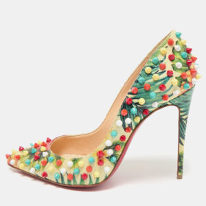 Christian Louboutin Multicolor Hawaiian Print Crackled Leather Follies Spikes Pumps Size 38