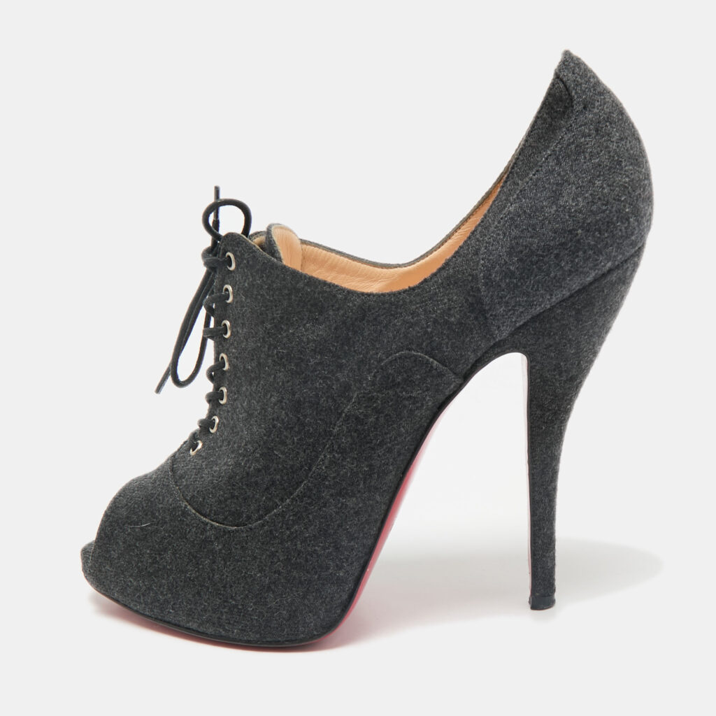 luxury-women-christian-louboutin-used-shoes-p1158220-001 Christian Louboutin Dark Grey Fabric Flannel Lady Peep Toe Lace Up Booties Size 38.5