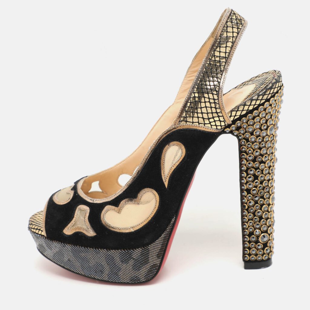 luxury-women-christian-louboutin-used-shoes-p1159038-001 Christian Louboutin Black/Golden Suede And Mesh Miralep Platform Sandals Size 37