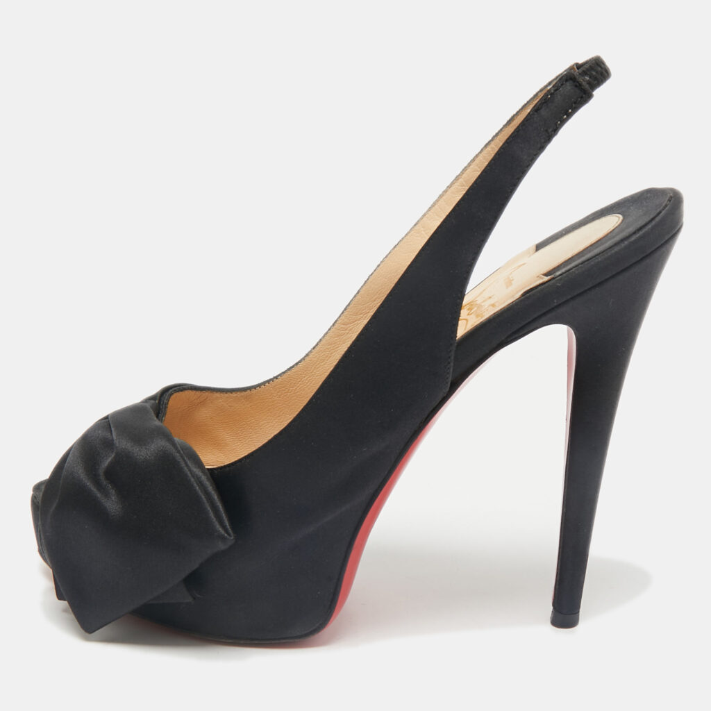 luxury-women-christian-louboutin-used-shoes-p1161203-001 Christian Louboutin Black Satin Bow Peep Toe Platform Slingback Pumps Size 39.5