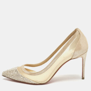 Christian Louboutin Beige Mesh and Suede Galativi Follies Strass Pumps Size 36