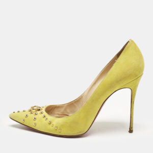 Christian Louboutin Neon Yellow Suede Door Knock Studded Pointed Toe Pumps Size 41