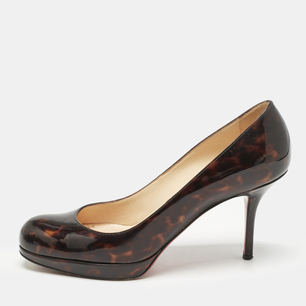 luxury-women-christian-louboutin-used-shoes-p1162011-003 Christian Louboutin Brown Tortoise Shell Patent Leather Simple Round Toe Pumps Size 36.5