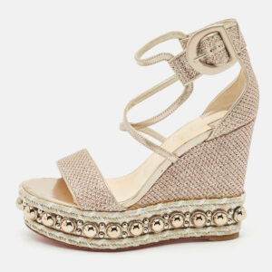 Christian Louboutin Gold Leather and Mesh Chocazeppa Wedge Sandals Size 36