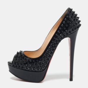 Christian Louboutin Black Patent Leather Lady Peep Spikes Pumps Size 35