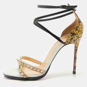Christian Louboutin Multicolor Printed Patent Leather and Suede Monocronana Spike Ankle Strap Sandals Size 39