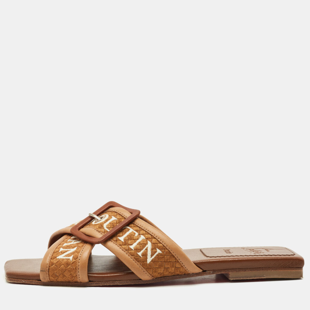 luxury-women-christian-louboutin-used-shoes-p1168354-001 Christian Louboutin Brown Logo Canvas and Leather Crossimule Flat Slides Size 38.5
