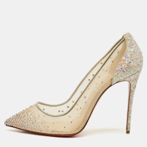 christian louboutin beige mesh and glitter follies strass pumps size 41.5