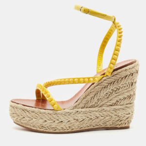Christian Louboutin Yellow Patent Leather Mafaldina Zeppa Wedge Ankle Strap Sandals Size 40