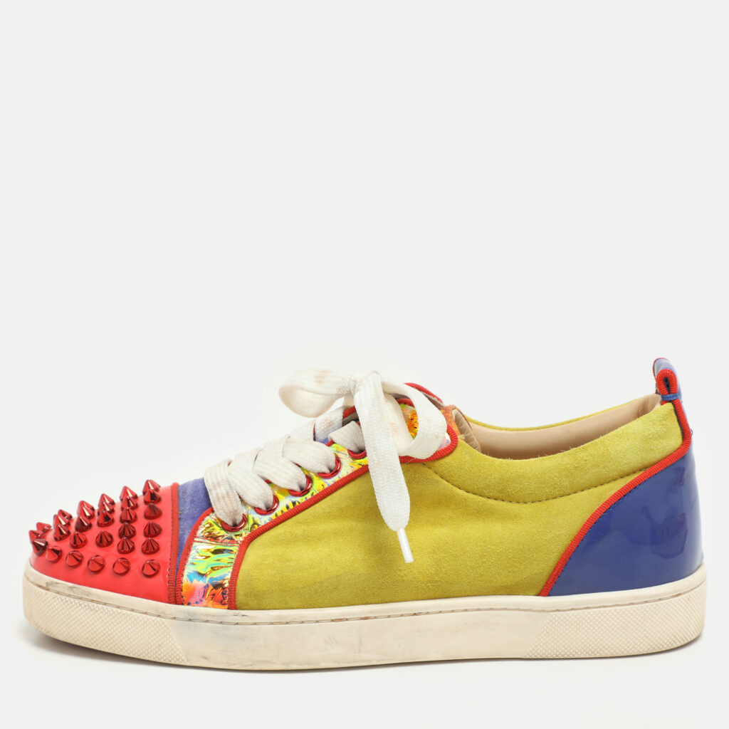 luxury-women-christian-louboutin-used-shoes-p1170522-004 Christian Louboutin Multicolor Suede and Patent Leather Louis Junior Spikes Sneakers Size 37.5