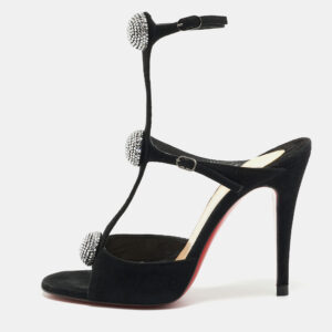 Christian Louboutin Black Suede Crystal Embellished Ankle Strap Sandals Size 35.5
