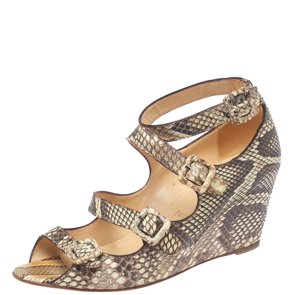 luxury-women-christian-louboutin-used-shoes-p353422-005 Christian Louboutin Beige Python Caged Buckle Wedge Sandals Size 38