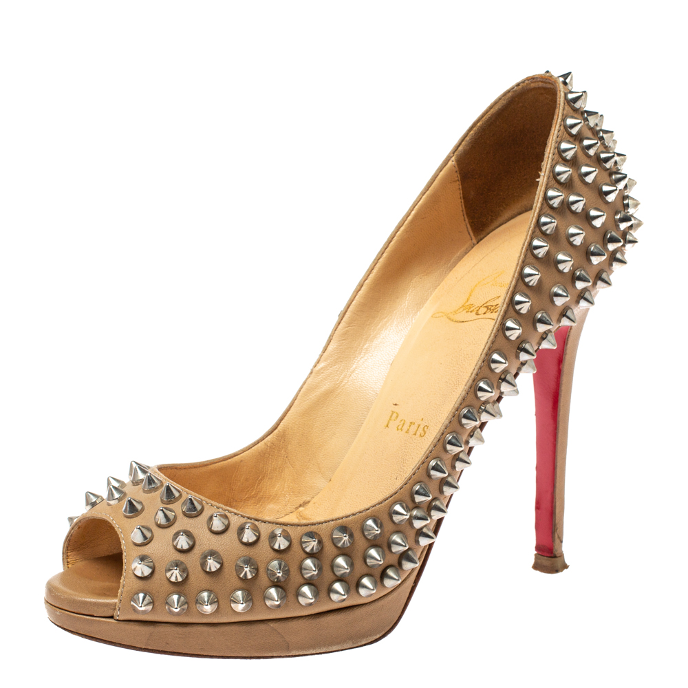 luxury-women-christian-louboutin-used-shoes-p354153-002 Christian Louboutin Beige Leather Yolanda Spikes Peep Toe Pumps Size 36.5