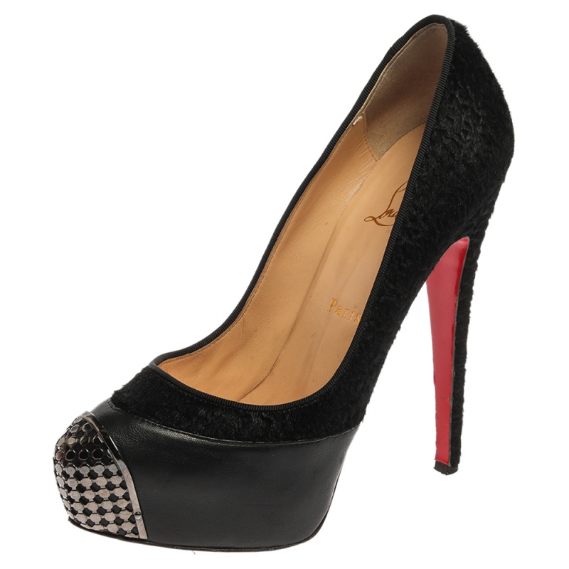 luxury-women-christian-louboutin-used-shoes-p355791-1604896010-006 Christian Louboutin Black Leather And Pony Hair Maggie Platform Pumps Size 38