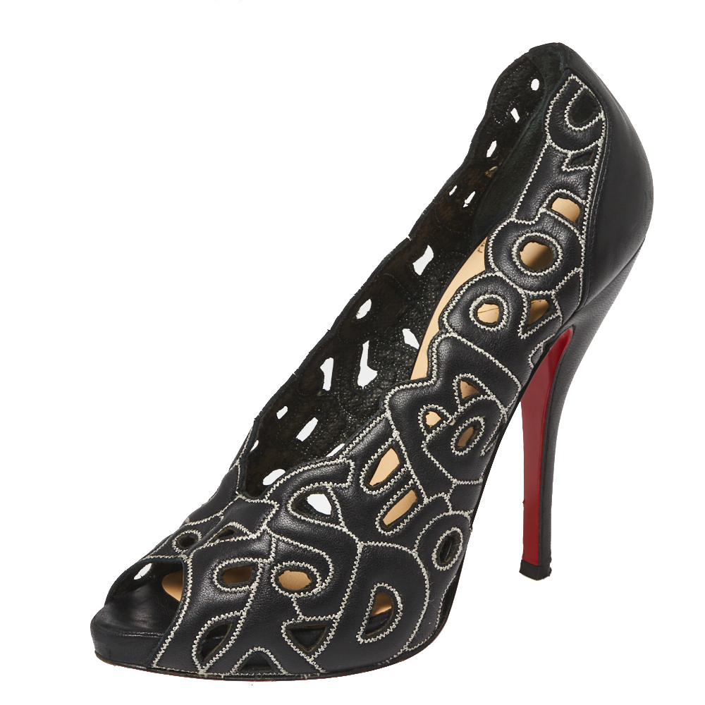 luxury-women-christian-louboutin-used-shoes-p368498-006 Christian Louboutin Black Letter Leather Tell Me Cutout Pumps Size 36