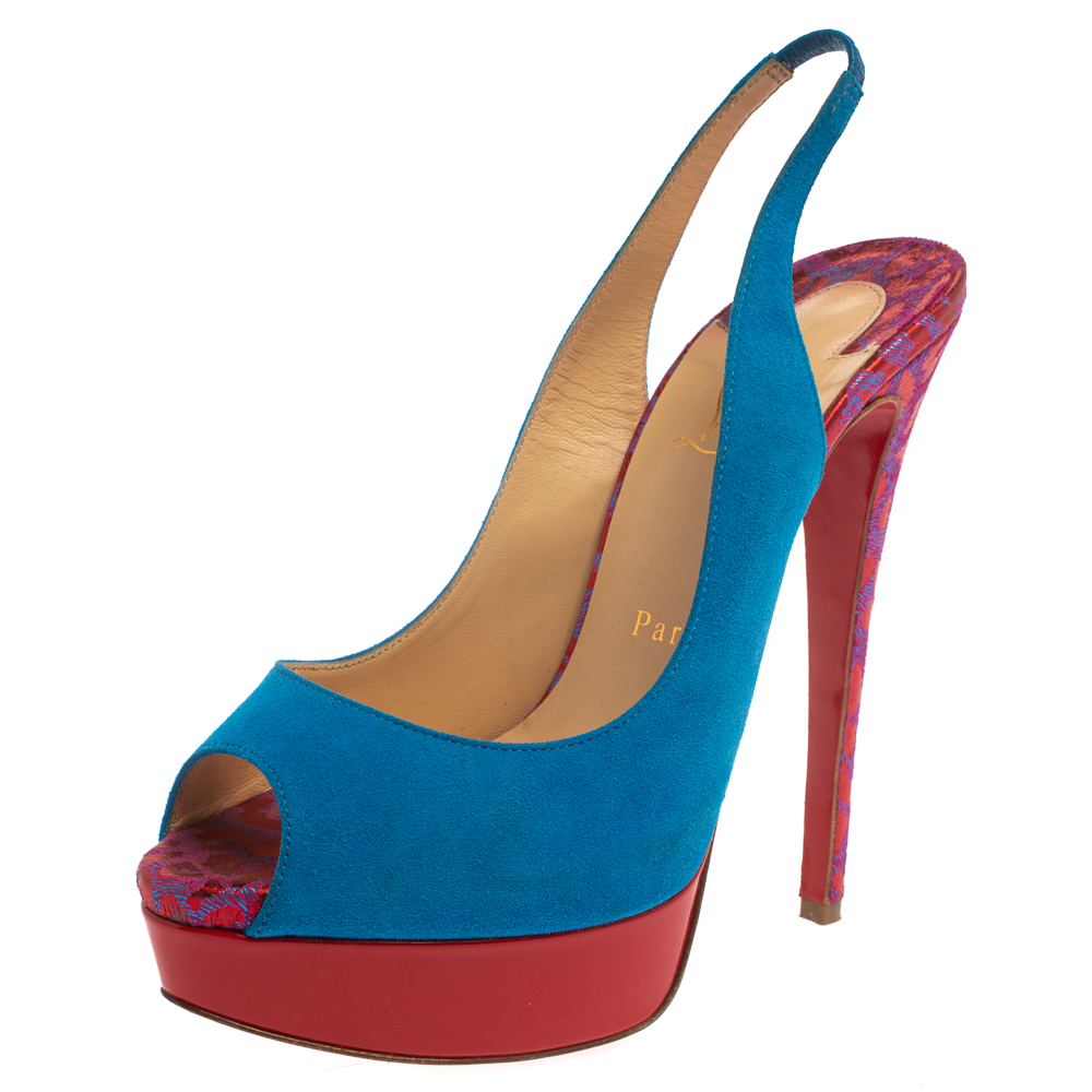 luxury-women-christian-louboutin-used-shoes-p371100-004 Christian Louboutin Blue/Red Suede And Fabric Lady Peep Sling Pumps Size 37