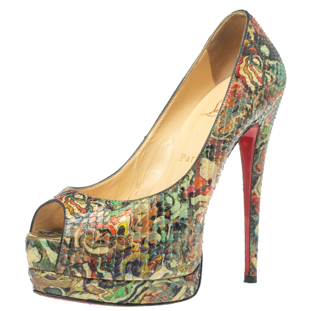 luxury-women-christian-louboutin-used-shoes-p372992-005 Christian Louboutin Multicolor Snakeskin Palais Royal Peep Toe Pumps Size 37.5