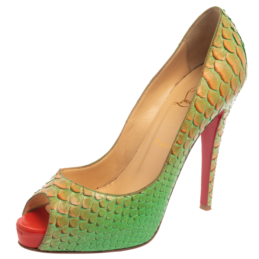 luxury-women-christian-louboutin-used-shoes-p374460-004 Christian Louboutin Green/Orange Python Very Prive Peep Toe Pumps Size 40