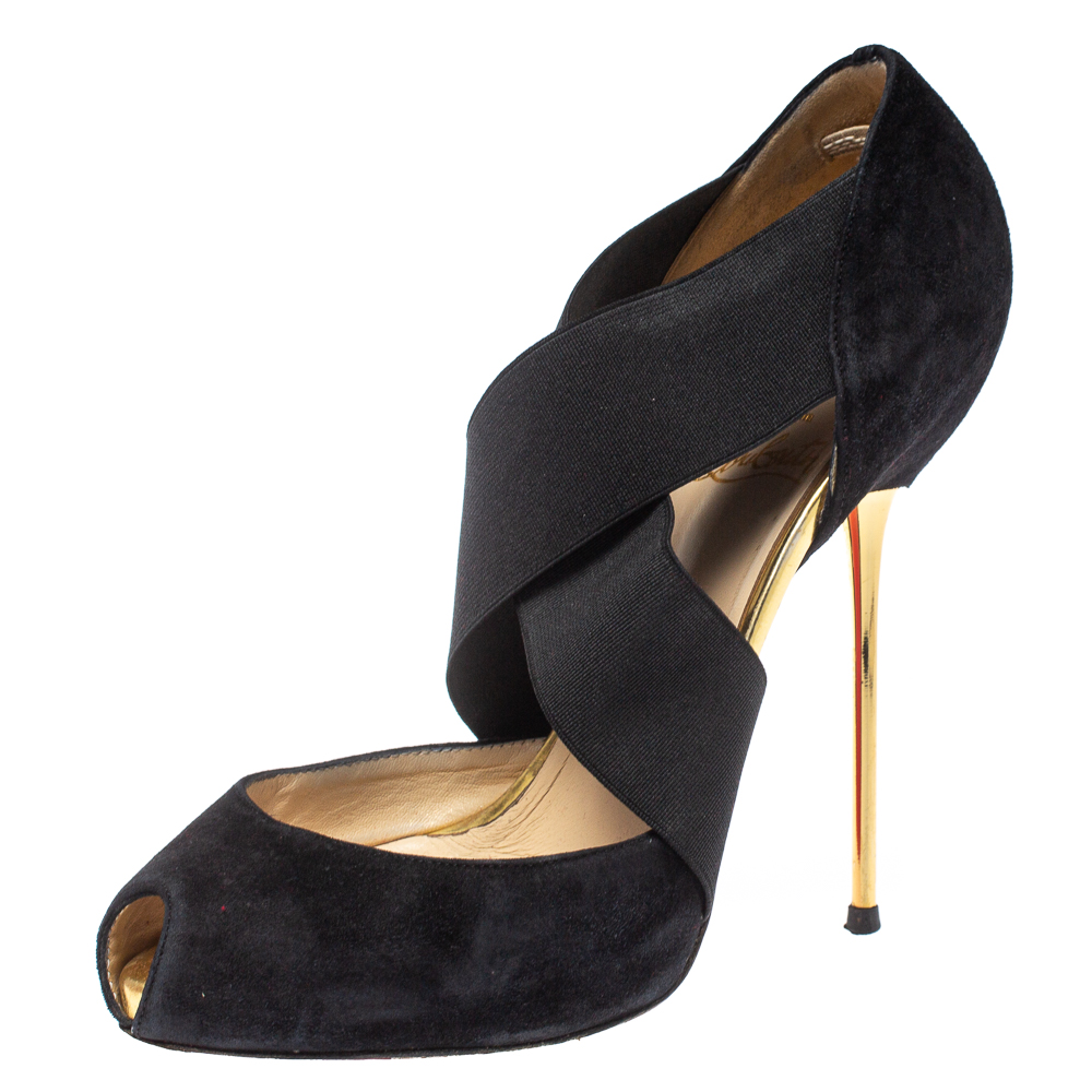 luxury-women-christian-louboutin-used-shoes-p379435-004 Christian Louboutin Black Suede And Elastic Cross Strap Peep Toe Sandals Size 38