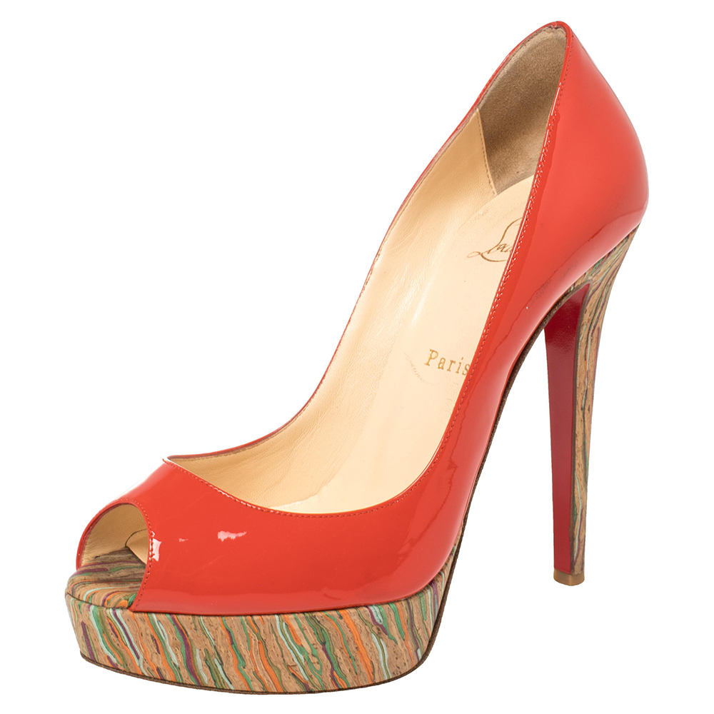 luxury-women-christian-louboutin-used-shoes-p390311-008 Christian Louboutin Red Patent Leather And Cork Lady Peep Toe Platform Pumps Size 38.5
