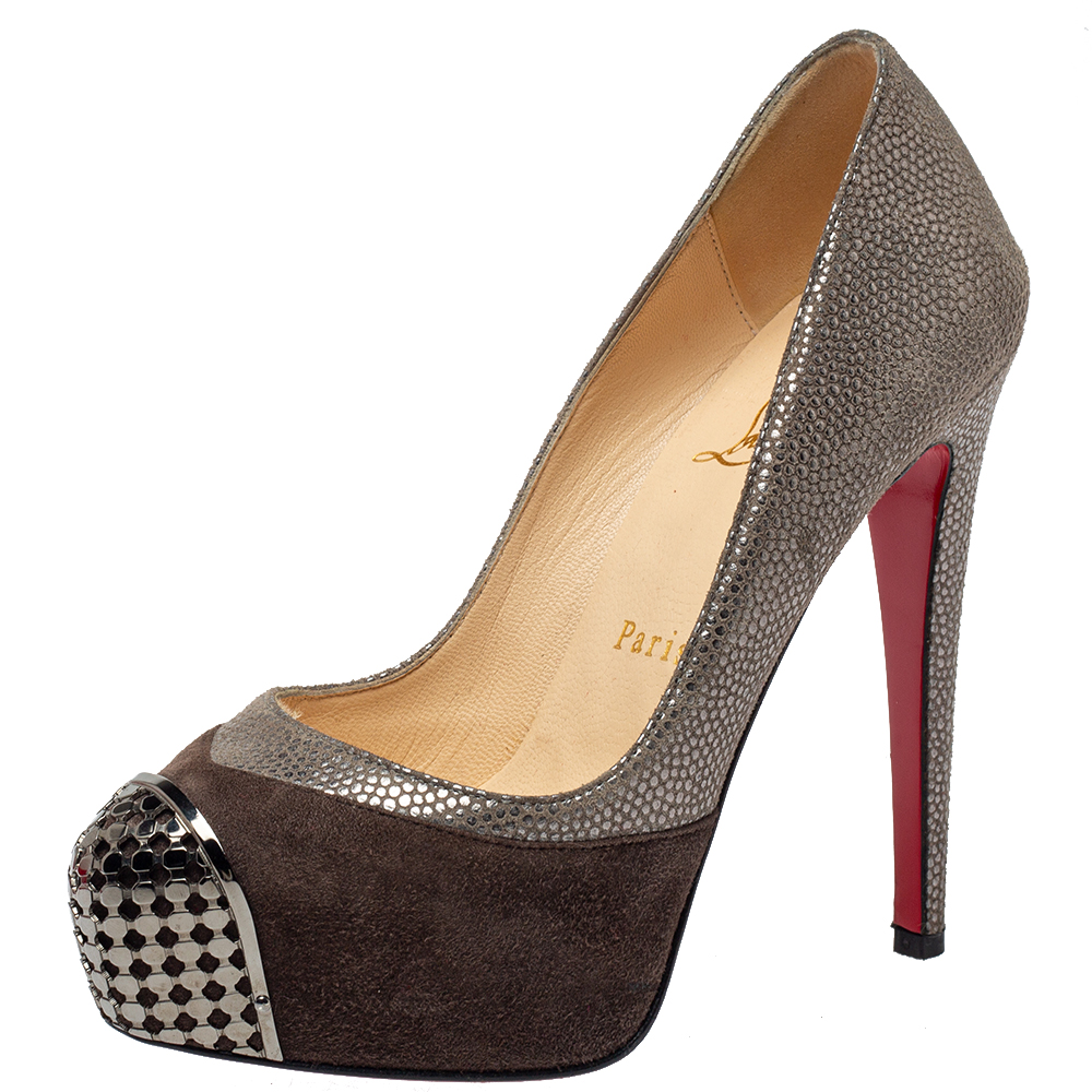luxury-women-christian-louboutin-used-shoes-p390522-006 Christian Louboutin Two Tone Textured Suede Maggie Embellished Cap Toe Platform Pumps Size 35