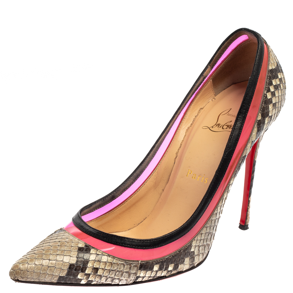 luxury-women-christian-louboutin-used-shoes-p402834-004 Christian Louboutin Two Tone Python And PVC Paulina Pointed Toe Pumps Size 40