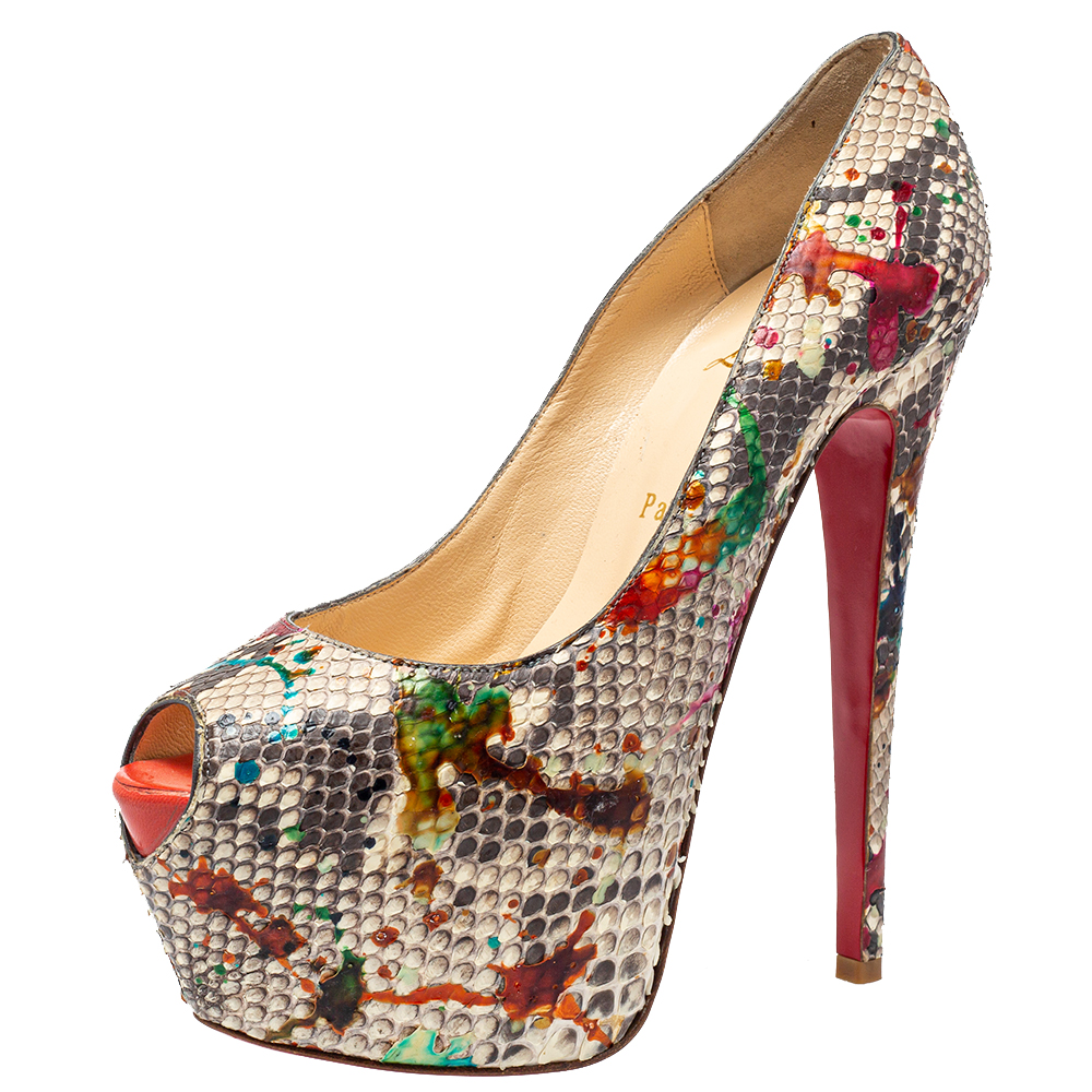 luxury-women-christian-louboutin-used-shoes-p403174-006 Christian Louboutin Multicolor Python Carnival Highness Peep Toe Platform Pumps Size 38.5