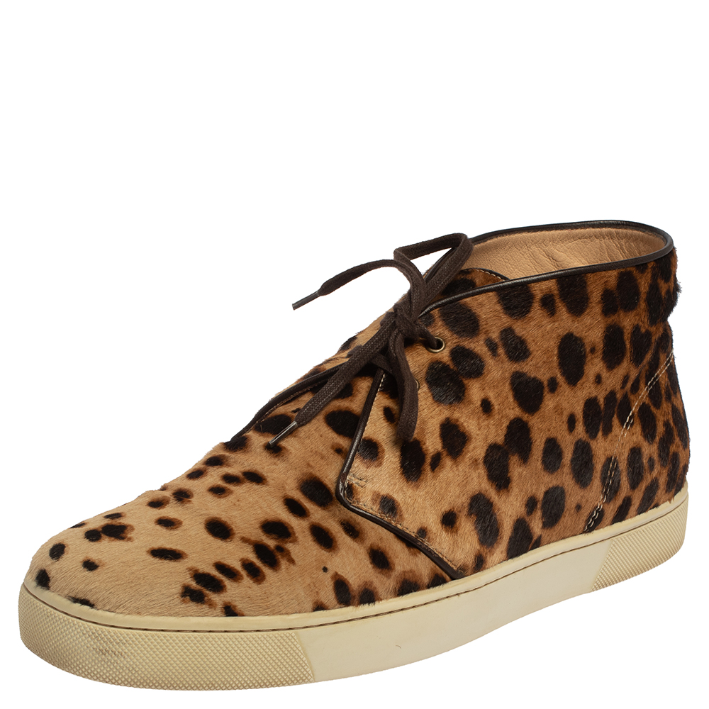 luxury-women-christian-louboutin-used-shoes-p413792-005 Christian Louboutin Brown Leopard Print Calf Hair Lace Up Sneakers Size 43
