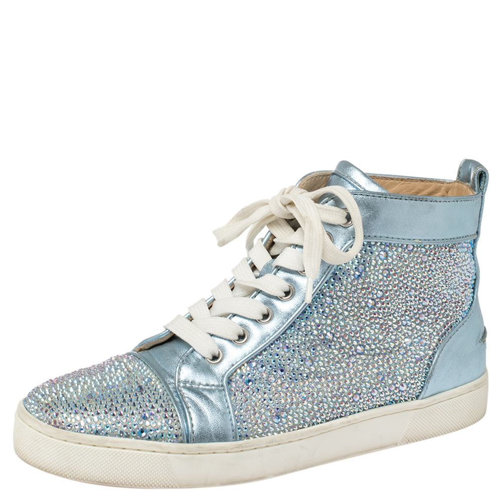 Christian Louboutin Blue Leather Embellished High Top Sneakers Size 38
