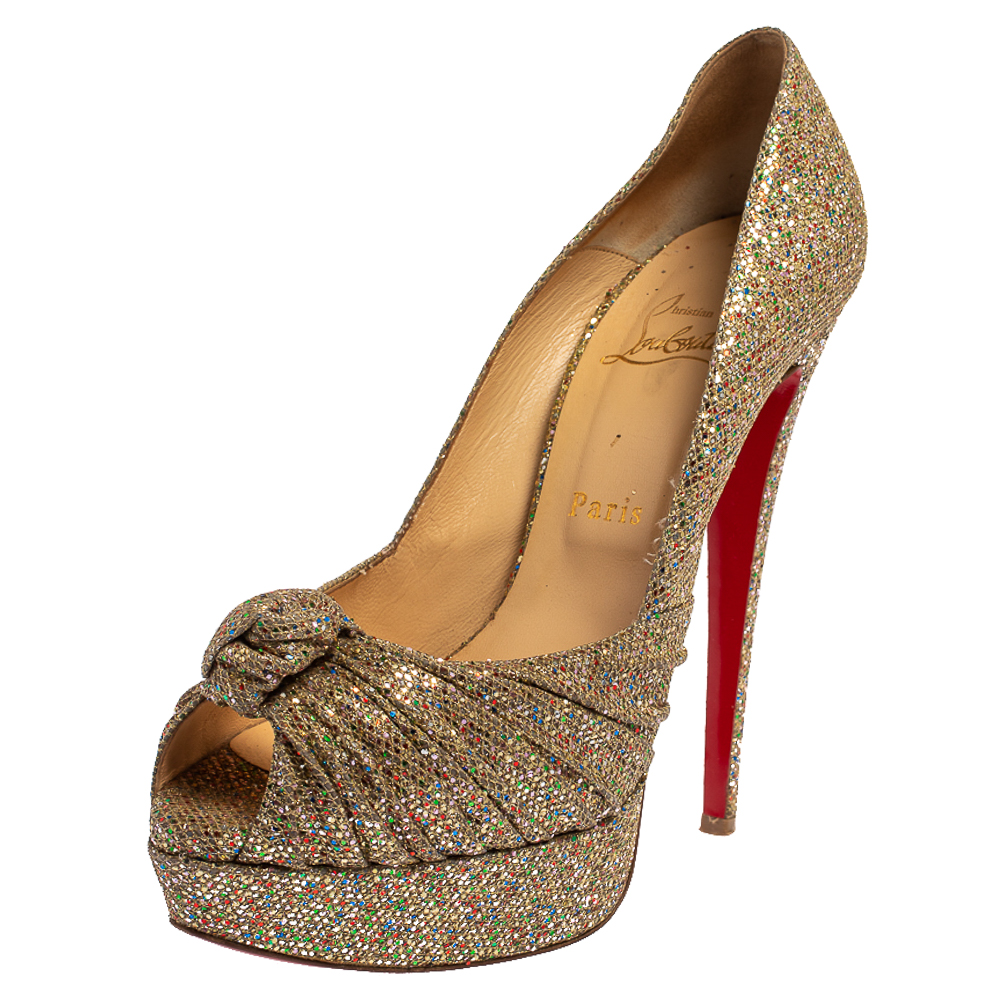 luxury-women-christian-louboutin-used-shoes-p425796-004 Christian Louboutin Metallic Gold Glitter Fabric Knotted Peep Toe Pumps Size 39