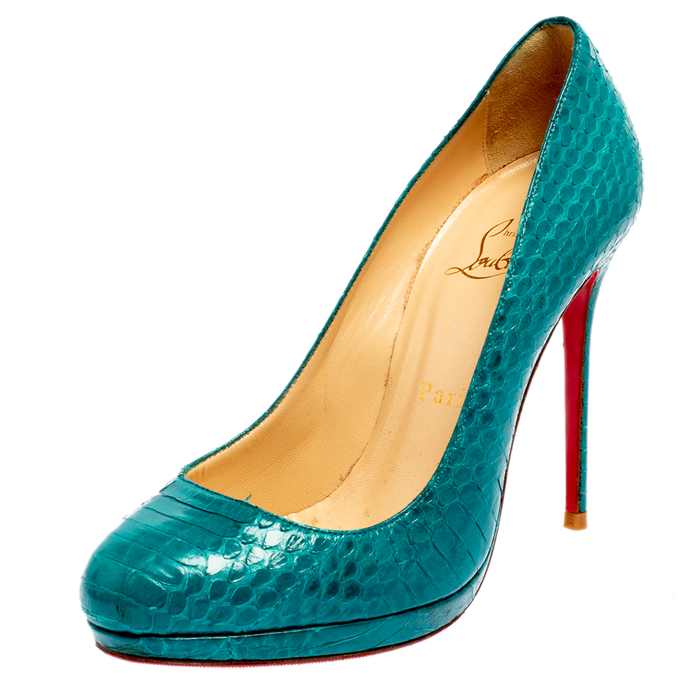 luxury-women-christian-louboutin-used-shoes-p437188-002 Christian Louboutin Torquoise Blue Python New Simple Pumps Size 37