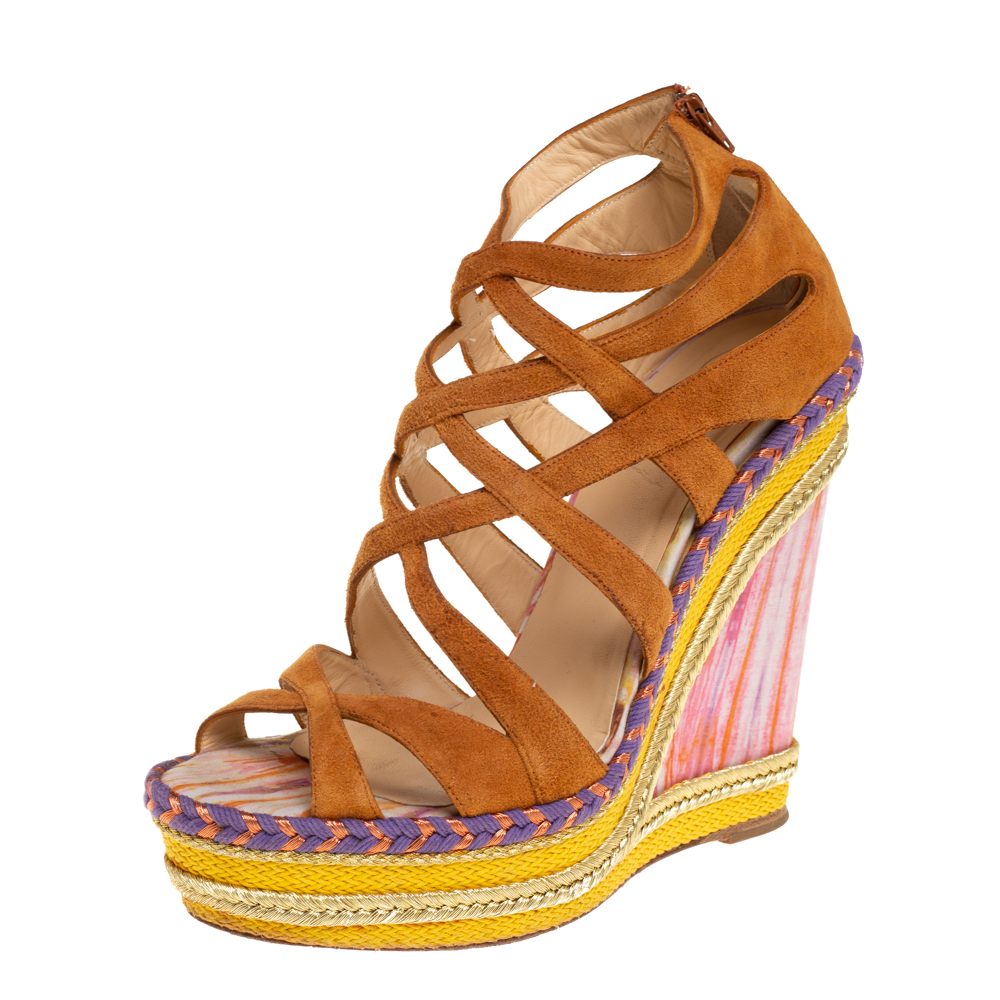 luxury-women-christian-louboutin-used-shoes-p440734-007 Christian Louboutin Brown Suede Caged Espadrille Tosca Wedge Sandals Size 39