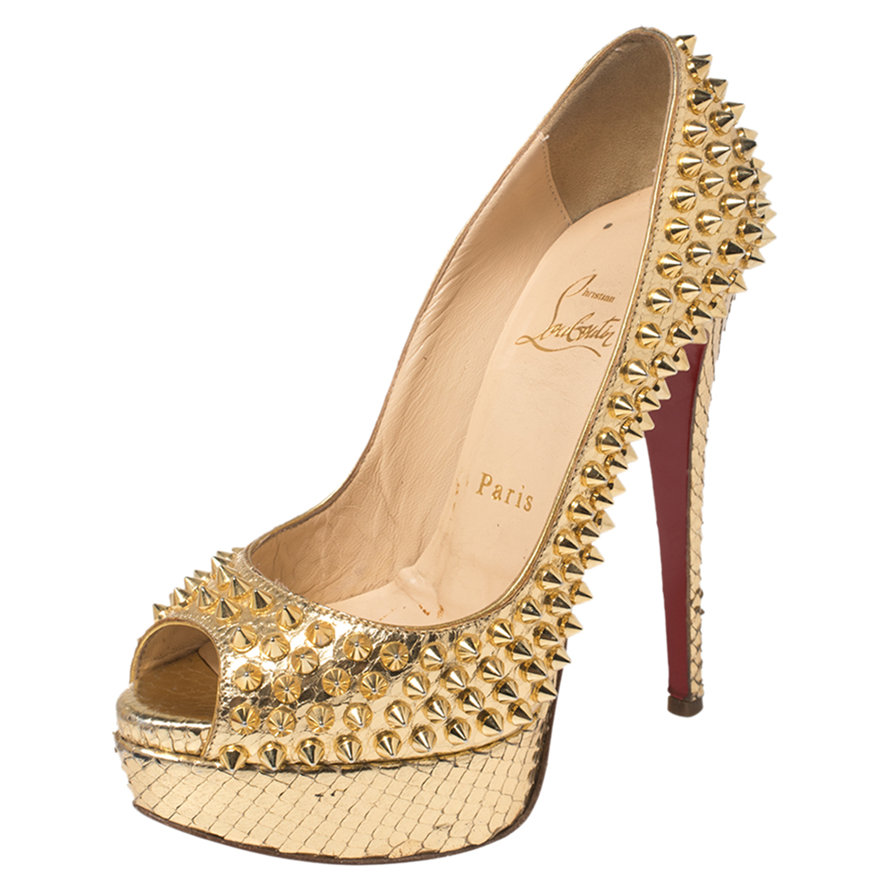 luxury-women-christian-louboutin-used-shoes-p461409-006 Christian Louboutin Metallic Gold Python Leather Lady Peep Toe Spike Platform Pumps Size 35