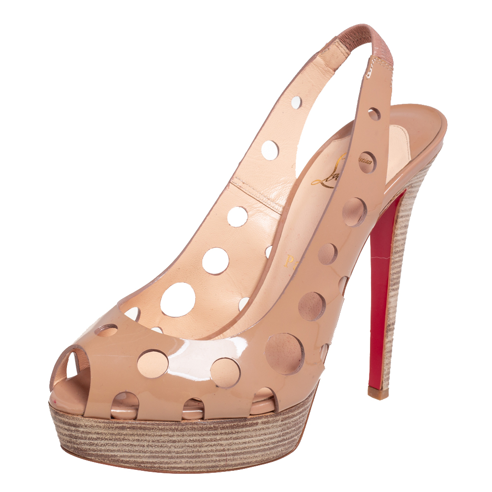 Christian Louboutin Beige Patent Leather Ginza Platform Slingback Sandals Size 38