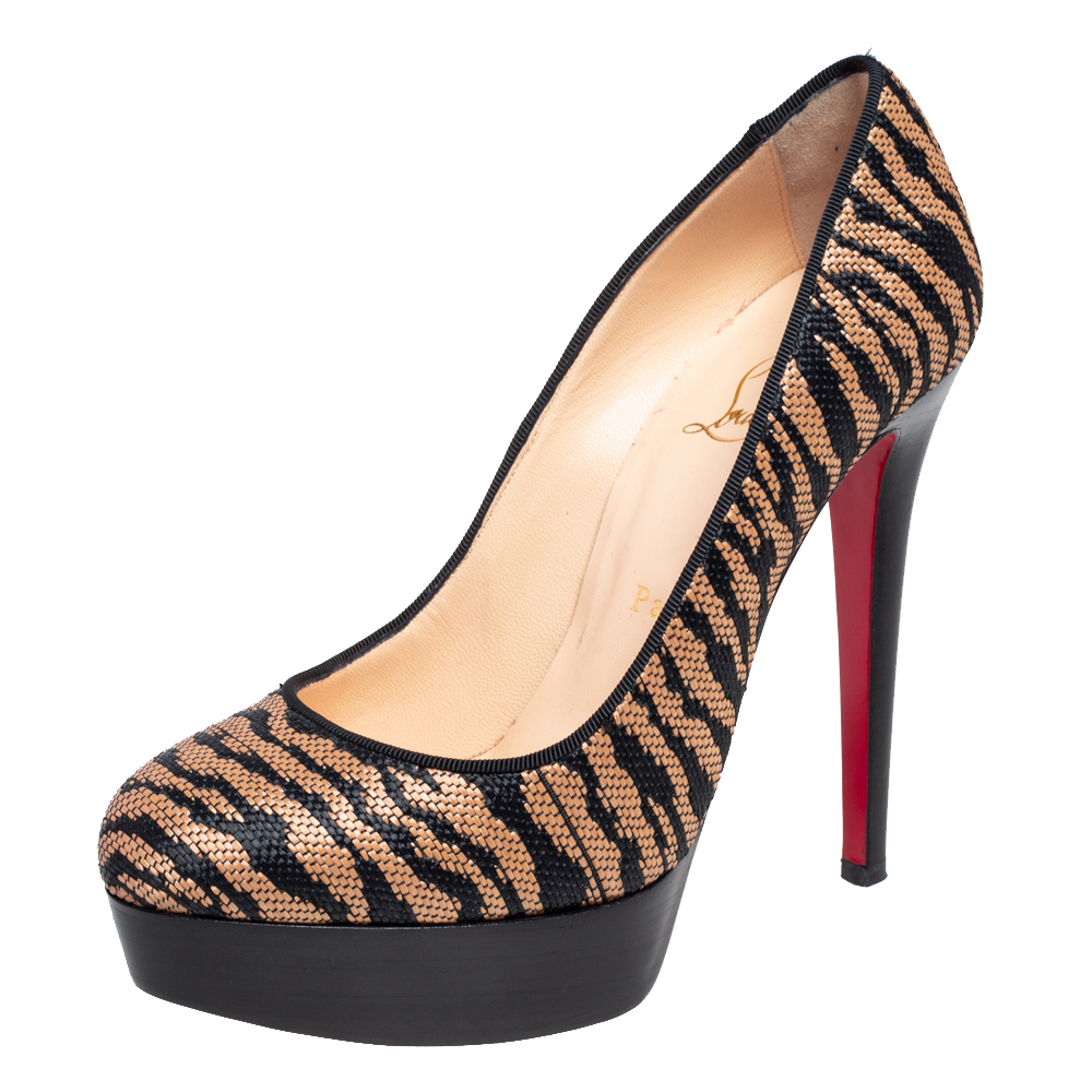 luxury-women-christian-louboutin-used-shoes-p476622-003 Christian Louboutin Two Tone Raffia Bianca Panama Tiger Weave Platform Pumps Size 37.5