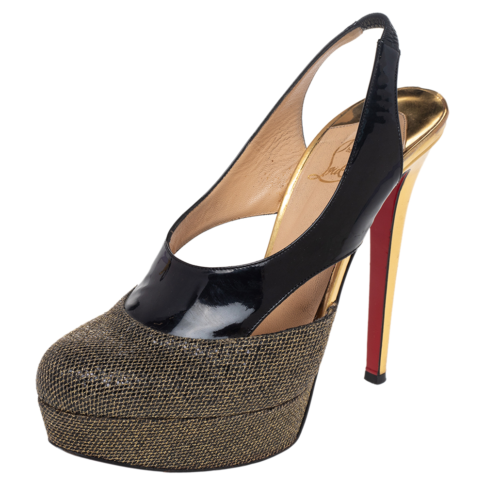 luxury-women-christian-louboutin-used-shoes-p487780-006 Christian Louboutin Black/Gold Patent and Metallic Mesh Platform Slingback Pumps Size 38.5