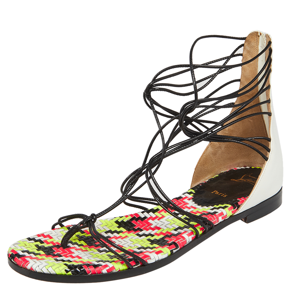 luxury-women-christian-louboutin-used-shoes-p498509-004 Christian Louboutin White/Black Patent Leather Blanca Gladiator Flat Sandals Size 37