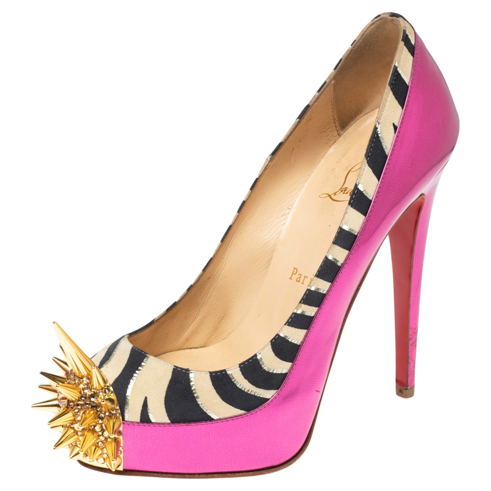 luxury-women-christian-louboutin-used-shoes-p501295-005-2 Christian Louboutin Pink Zebra Print Suede And Patent Leather Limited Edition Asteroid Spike Pumps Size 36