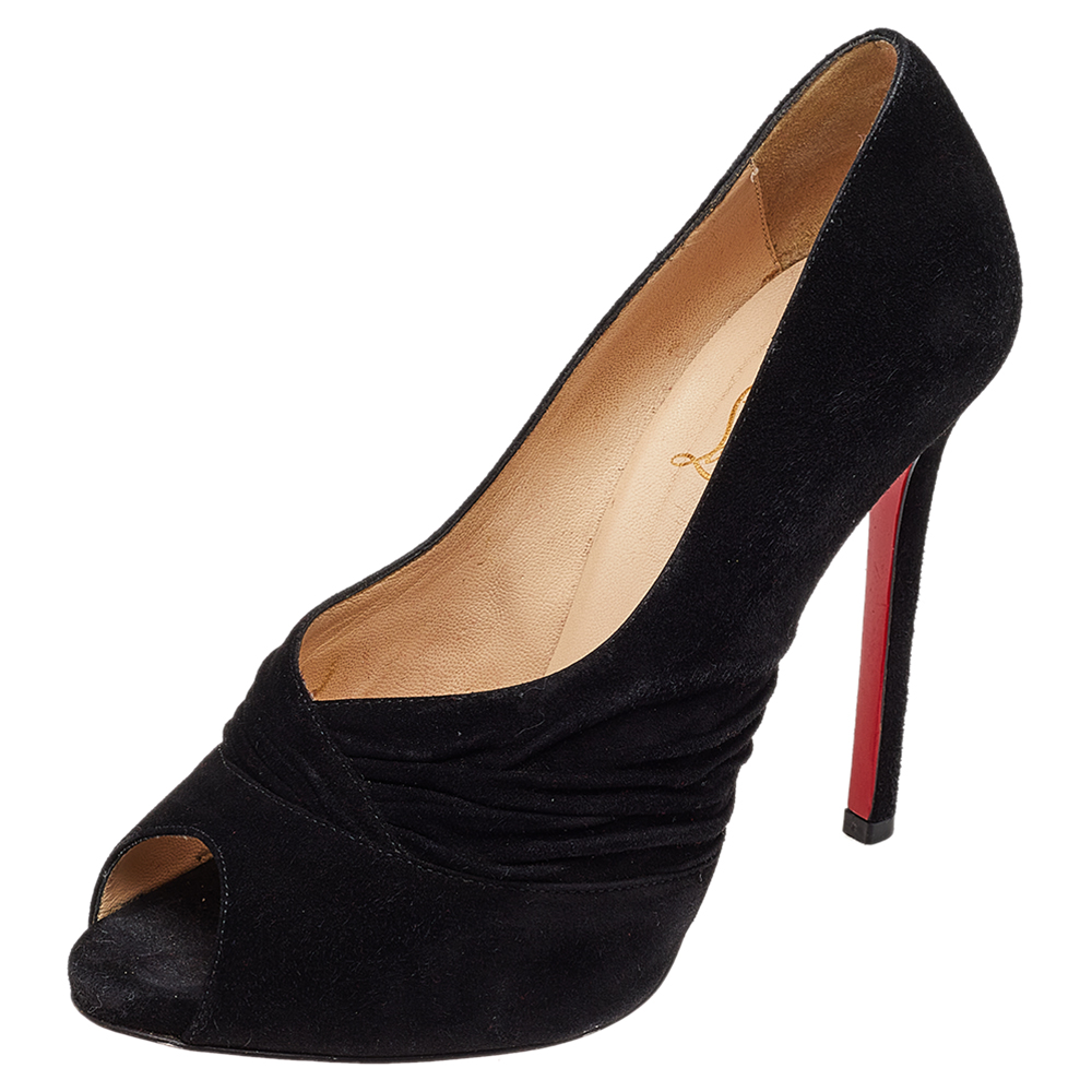 luxury-women-christian-louboutin-used-shoes-p501384-006-2 Christian Louboutin Black Suede Ruched Detail Drapadita Peep Toe Pumps Size 37.5