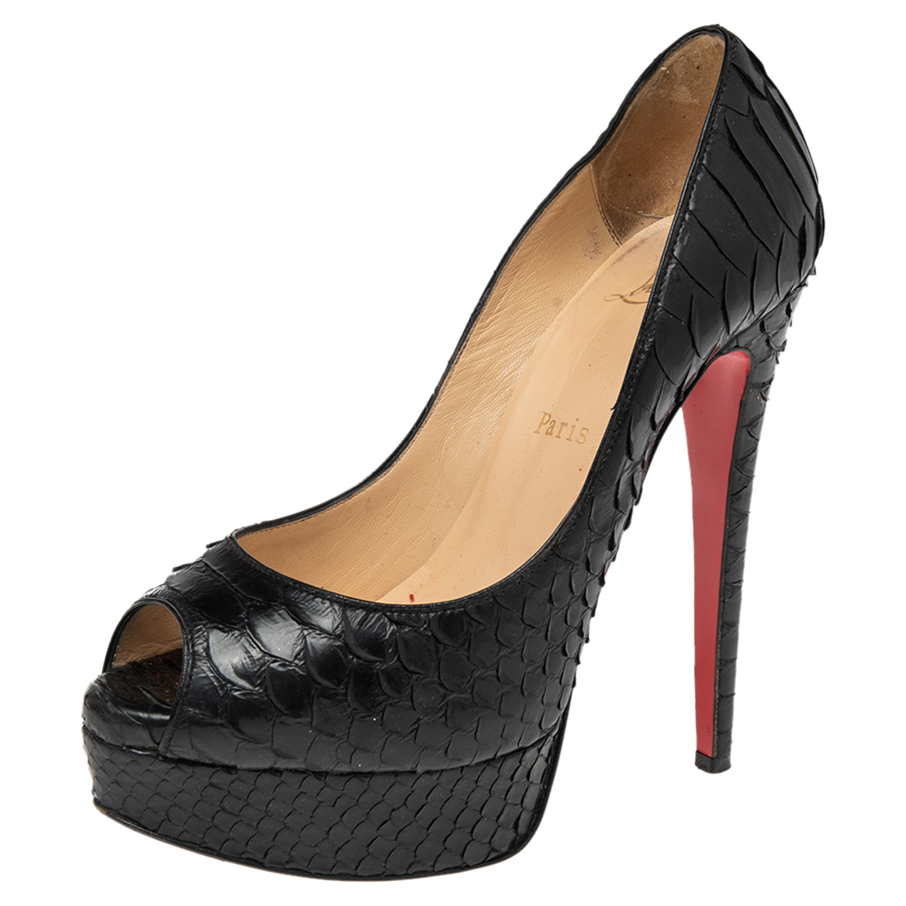 luxury-women-christian-louboutin-used-shoes-p508064-006-2 Christian Louboutin Black Python Lady Peep Toe Platform Pumps Size 35