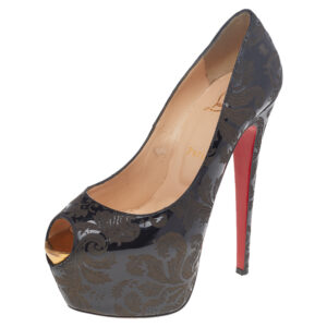Christian Louboutin Black Patent Leather Highness Arabesque Motif Peep Toe Platform Pumps Size 38.5