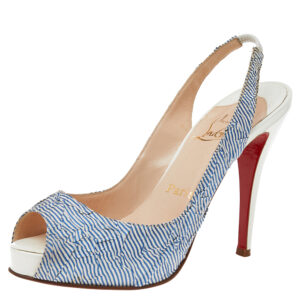Christian Louboutin White/Blue Striped Fabric Prive Peep Toe Slingback Sandals Size 38